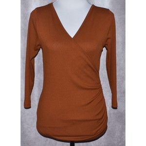 Milan Kiss Ruched Top Pullover Long Sleeves, Rust,  Ribbed Stretch - Size M
